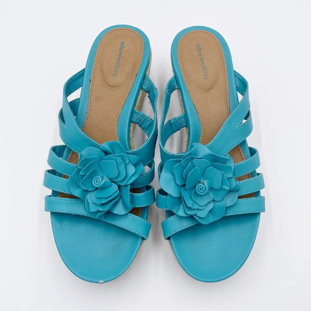 Solesenseability Mona Blue Faux Leather Flower Embellished Wedge Sandals 9.5